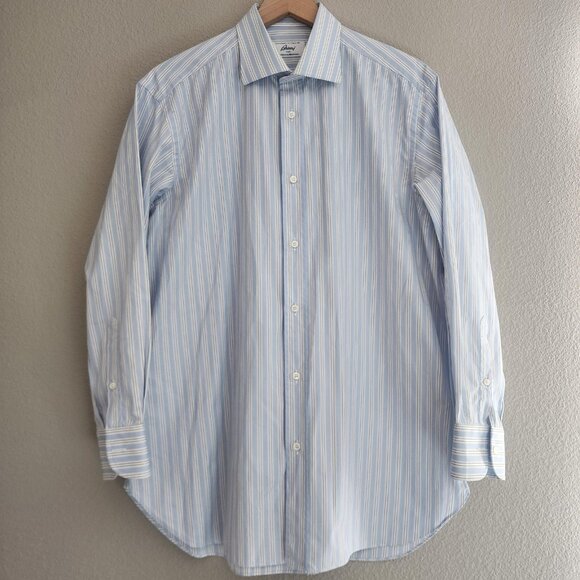 Brioni Shirt Mens XL Light Blue White Stripe Dress Button Front Made in Italy - Picture 1 of 11